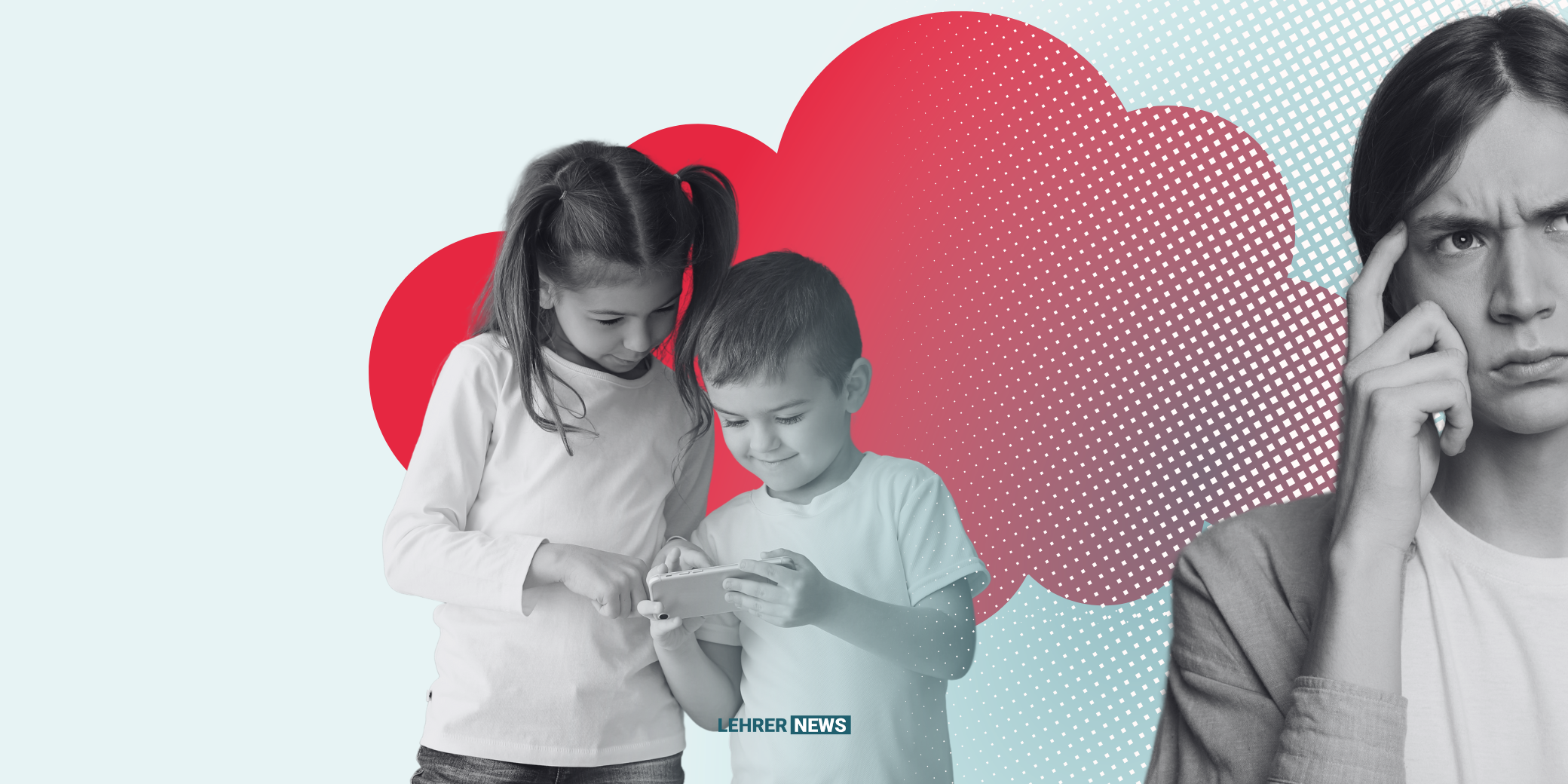 Zwei Kinder an einem Handy. Daneben eine Person die nachdenkt