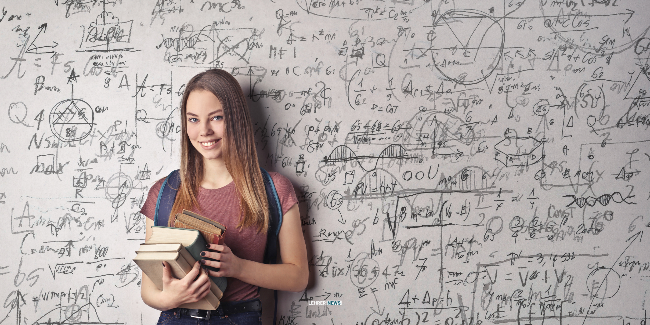 Eine junge Frau mit Büchern im Arm steht vor einer großen Tafel mit mathematischen Formeln